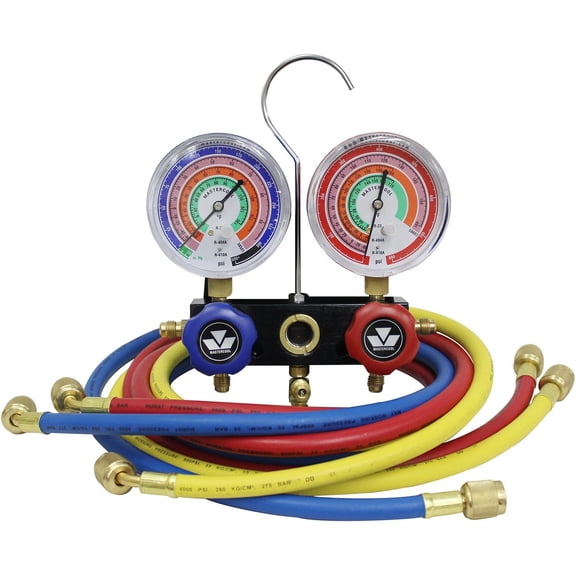 Mastercool ( Black Aluminum R410A, R22, R404A 2-Way Manifold Set with Gauges, Hoses and Standard 1/4" Fittings, Blue