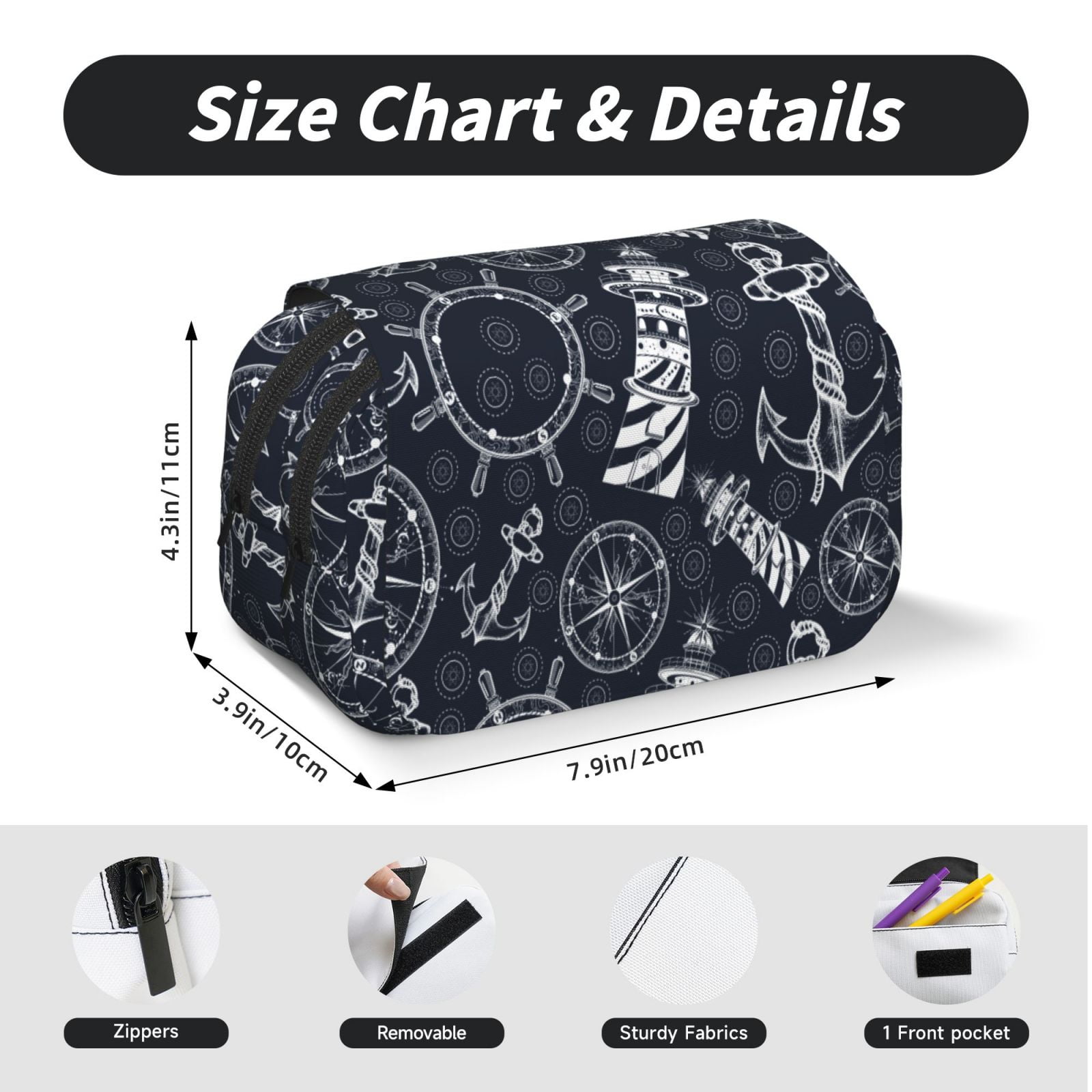 Rateoe Anchors and Lighthouse Pattern Double Clamshell Pen Case, Storage Organizer with Two Zipper Compartments– Holds Up to 50 Pencils & Pens