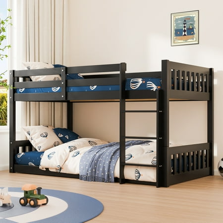 JOYMOR Wood Low Twin Over Twin Bunk Bed for Kids/Toddlers/Junior, Bunk Bed Frame with Guardrails & Ladder for Boys Girls, No Box Spring Needed, Black