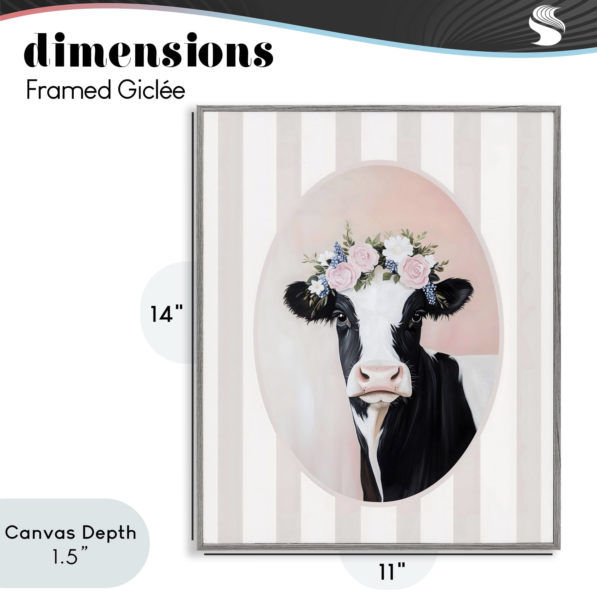 Stupell Industries Soft Cow with Floral Crown Gray Framed Giclee Art, design by Arlington Prints