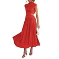 thumbnail image 2 of Cenuakty Women Summer Casual Long Dress Solid Color Stand Collar Waist Hollow-Out Sleeveless Dress Beach Holiday Loose Dress, 2 of 3