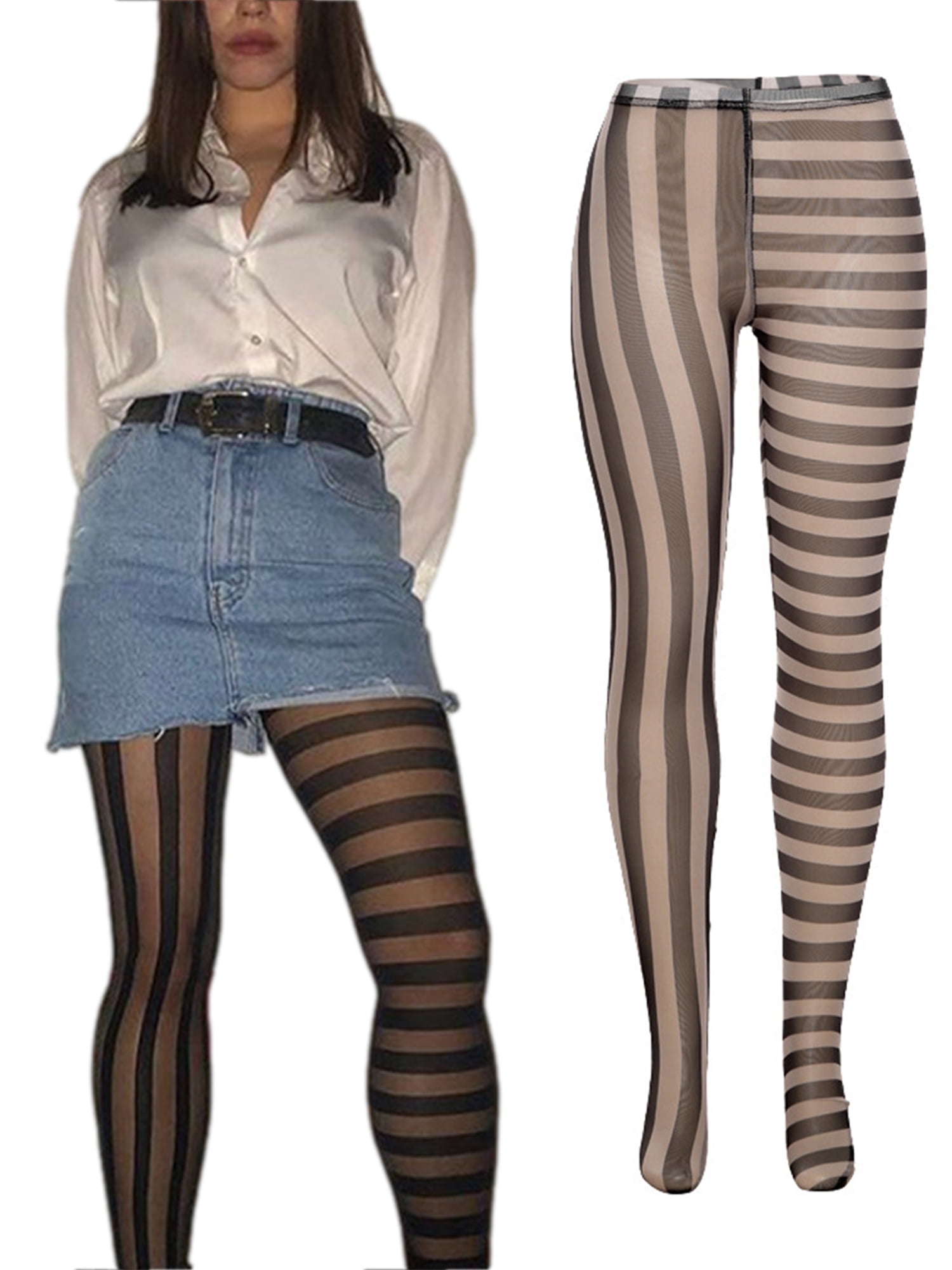 Women Sexy See-through Pantyhose Y2K Vertical and Horizontal Stripe Printed  Sockings Tights 