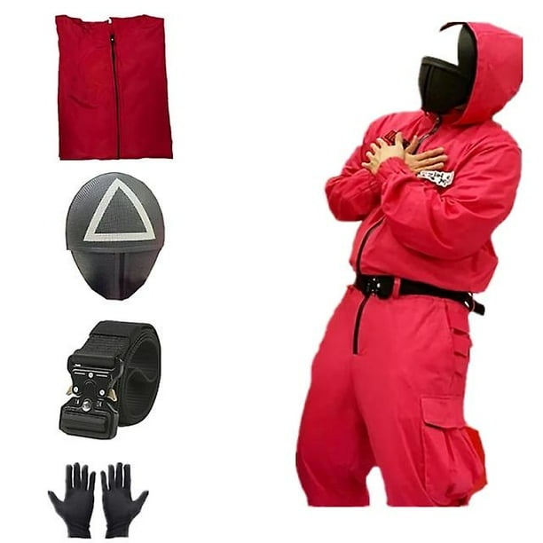 Disfraz de juego de calamar 4 piezas Máscara de jefe de soldado Juego de calamar Cosplay Villano de Halloween Cinturón de mono rojo Guantes negros Máscaras de triángulo facial de fiesta - 4XL Kuyhfg Bienvenido a Kuyhfg