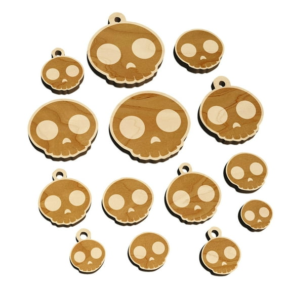 Witty Skull Icon Wood Mini Charms Shapes DIY Craft Jewelry - No Hole - Various Sizes (16pcs)