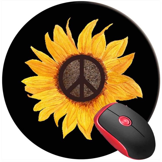 Mouse Pad Peace Sign Sunflower Flower Hippy Style, Round Mousepad, Non-Slip Rubber Base Mouse Mat for Laptop