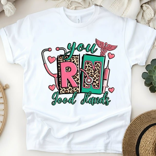 RN Nurse T-Shirt | You’re in Good Hands Graphic Tee with Leopard Print Letters, White, Size M