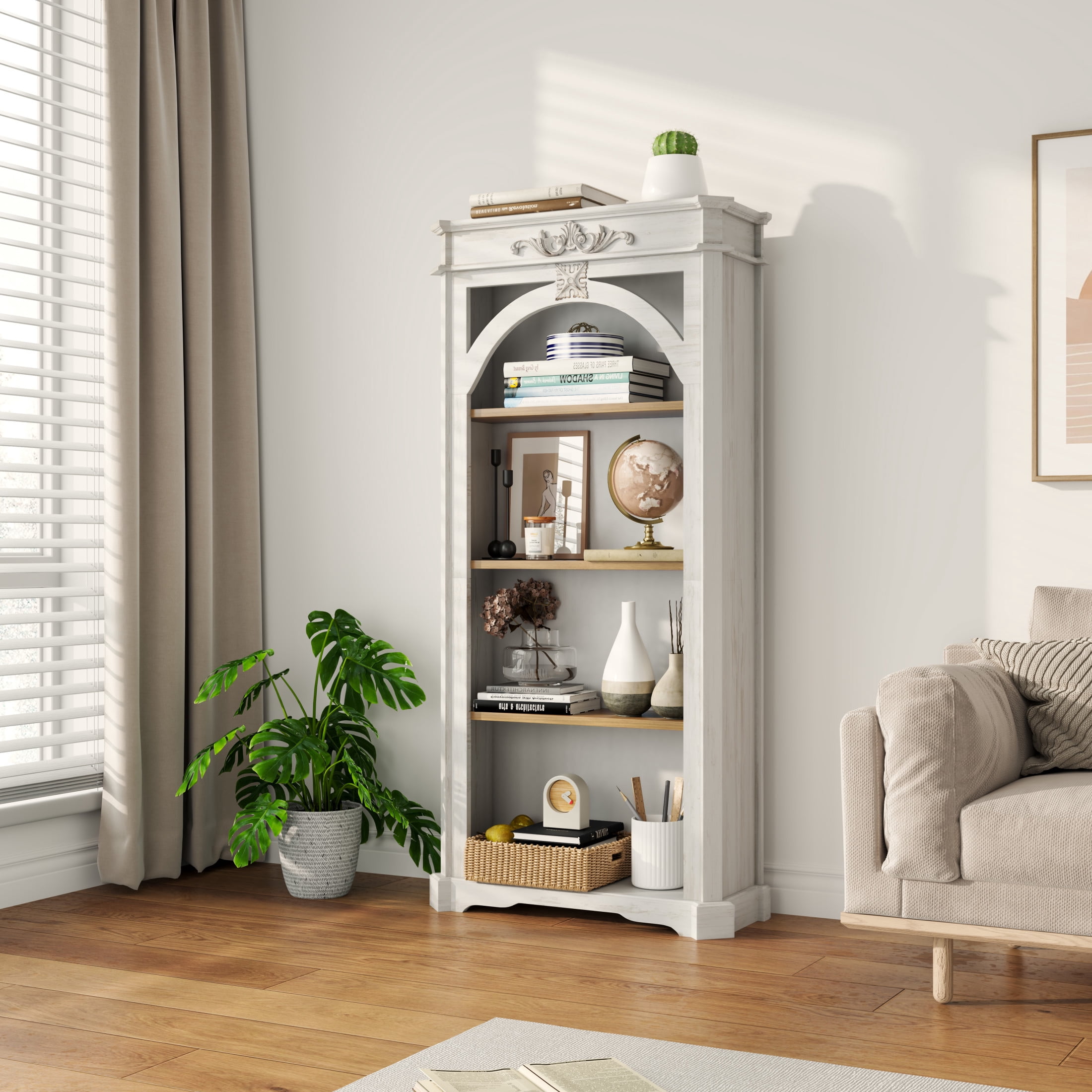 Noble House 65" Antique 4-Tier Bookcase, Tall Open Display Shelf for Home Office, Living Room, White