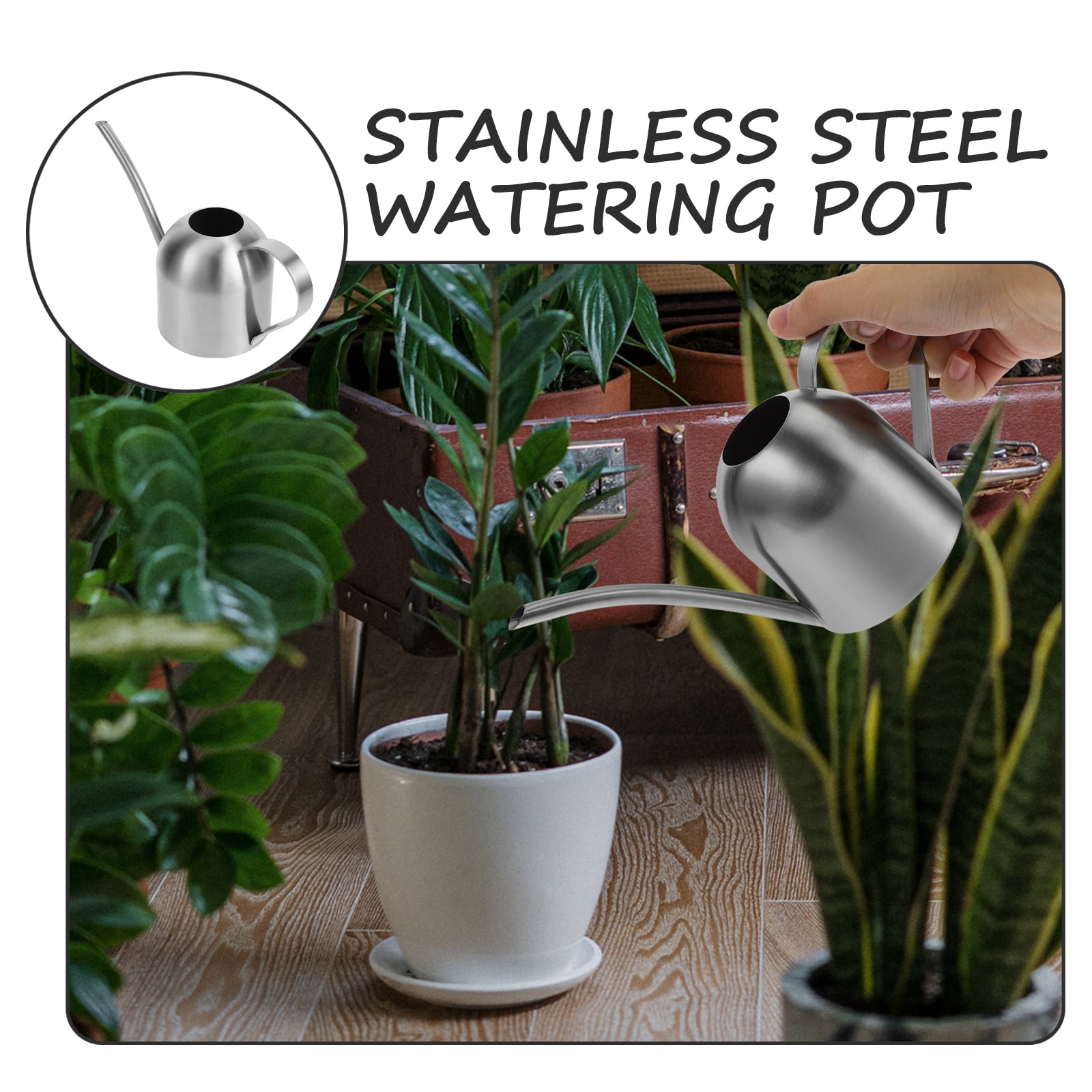 SKISUNO Gardening Watering Can Silver Stainless Steel 1Set For Indoor Plants Care