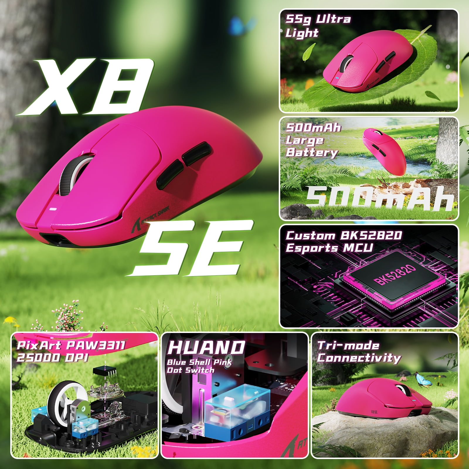 ATTACK SHARK X8SE Mouse for Large Hand, 55g SUPERLIGHT, PixArt PAW3311 Gaming Sensor, BT/2.4G Wireless/Wired, Adjustable DPI up to 25000, 500mAh Battery (Berry Red)