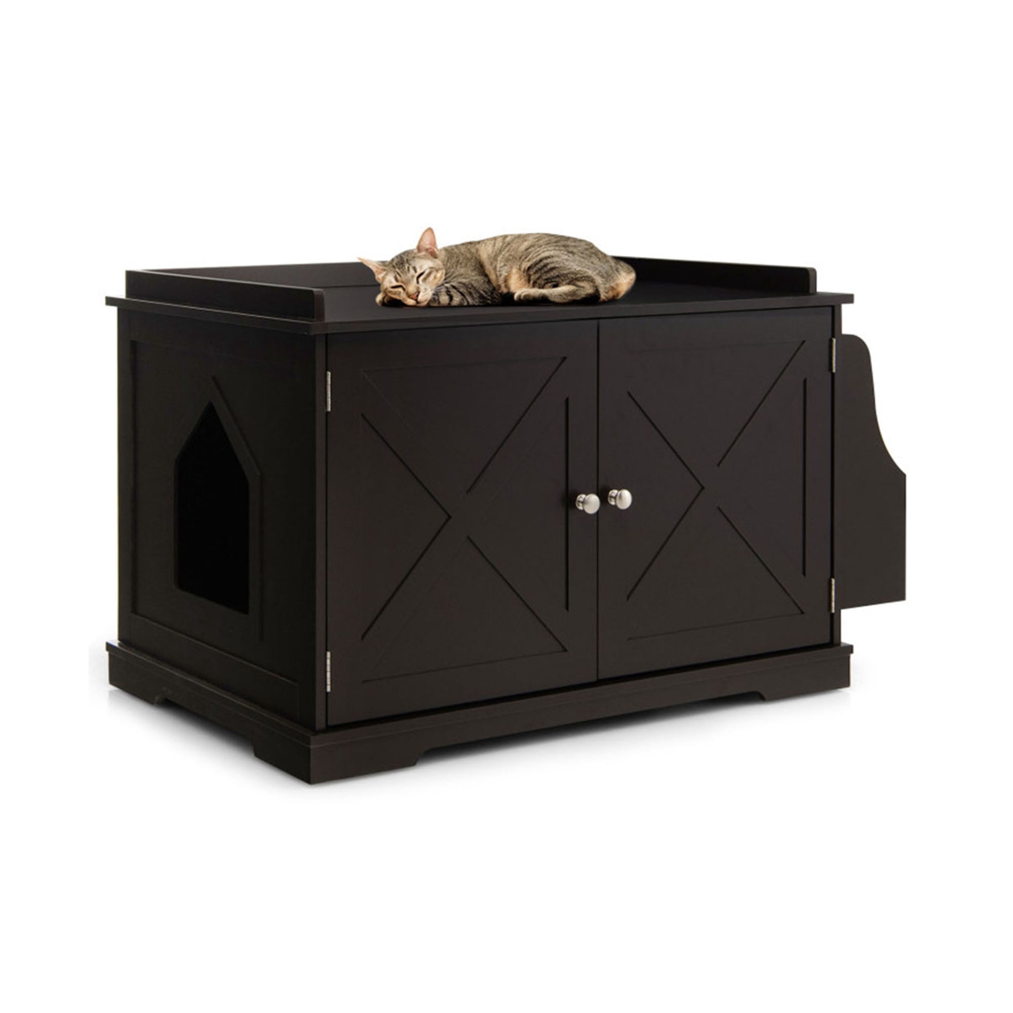 Pefilos 34" Large Cat Litter Box Enclosure, Wood Hidden Cat House Washroom Furniture for Living Room, Bedroom, Bathroom with Magazine Rack, Brown