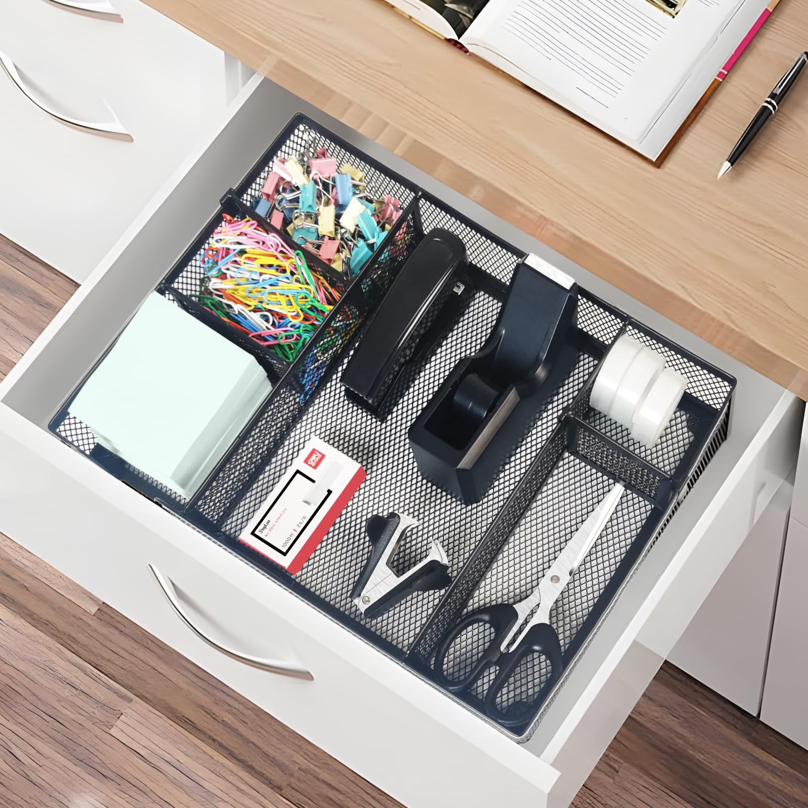 Black Office Desk Accessories  Supplies Set Drawer Organizer Stapler And Tape Dispenser Staple Remover Staples Paper Clips Scissor Sticky Note