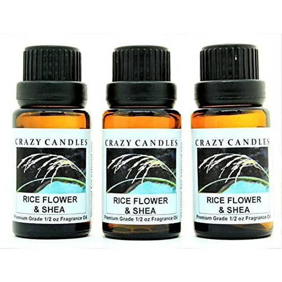 Crazy Candles Rice Flower & Shea 3 Bottles 1/2 Fl Oz Each (15ml) Premium Grade Scented Fragrance Oil