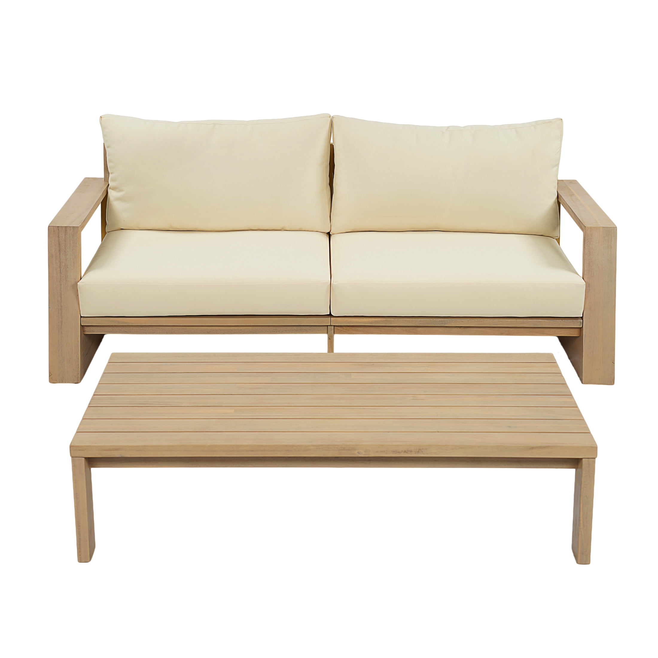 Christopher Knight Home Modern Acacia Wood Outdoor Loveseat & Coffee Table Set with Cushions, Light Teak+Cream
