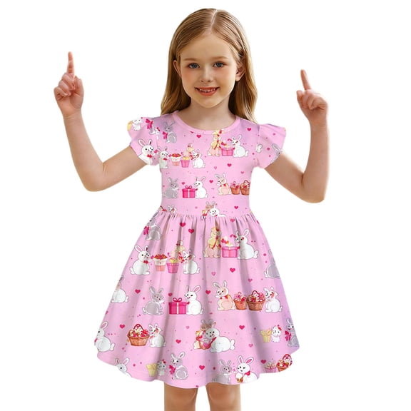 PRfgtbd Girls Dresses Easter Bunny Print Flutter Sleeve Party Dress For Toddler Baby Girl Casual Dress Sundress Cute Holiday Celebrations Beach Party Dress