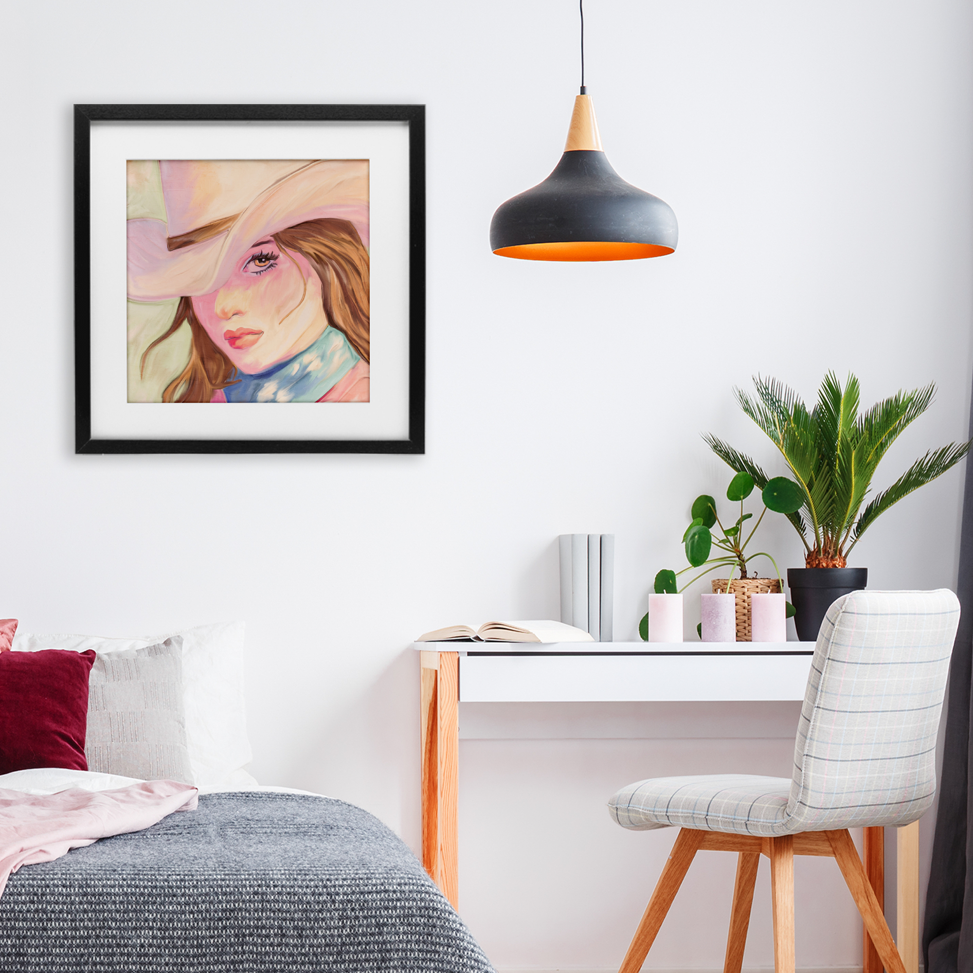Pastel Cowgirl Brunette Black Framed Print Under Glass, design by Kim Allen