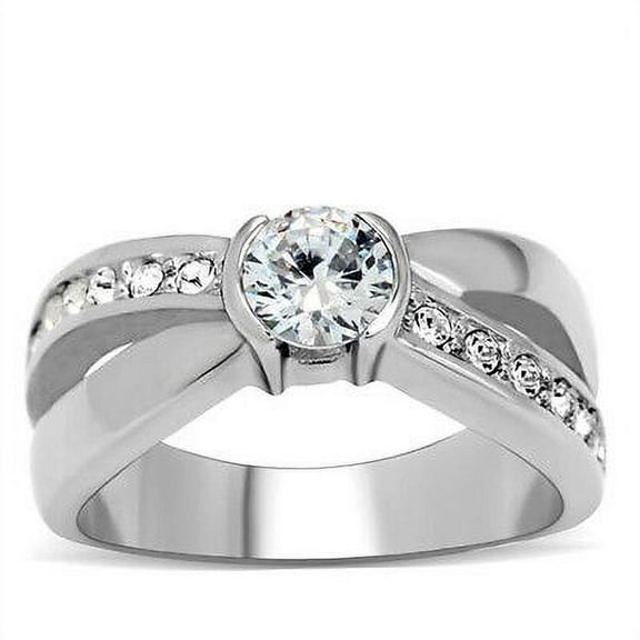 Side Line Steel CZ Engagement Wedding Ring - Women Promise Commitment Ring Band