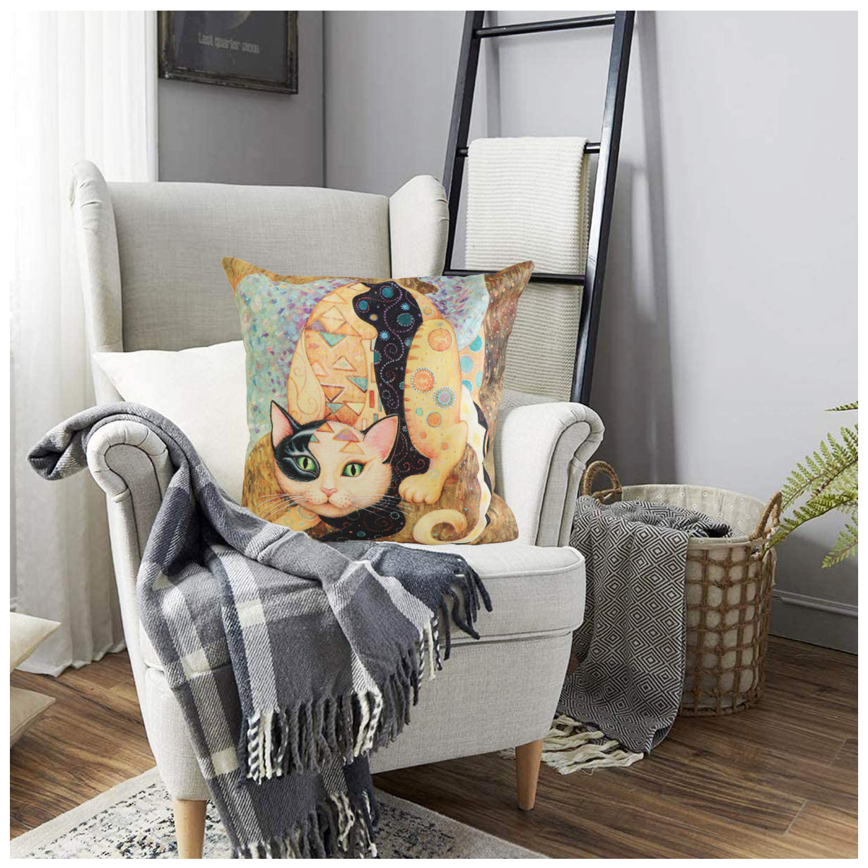 NYDECOR Abstract Cat Pillow Covers 18x18 Set of 4 Pet Throw Pillow Cases Animal Kitty Pillowcase Square Cotton Linen Cushion Cover for Couch Sofa Bed Patio Cat Gifts
