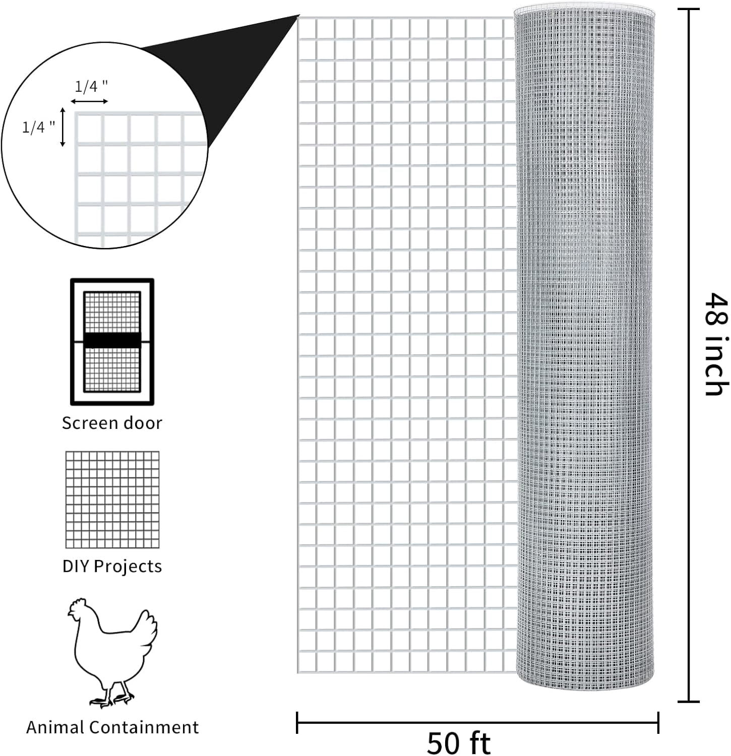 DWALE 48in x 50ft 23GA Galvanized Hardware Cloth, Wire Mesh Fence for Chicken Coop, Poultry & Garden Protection