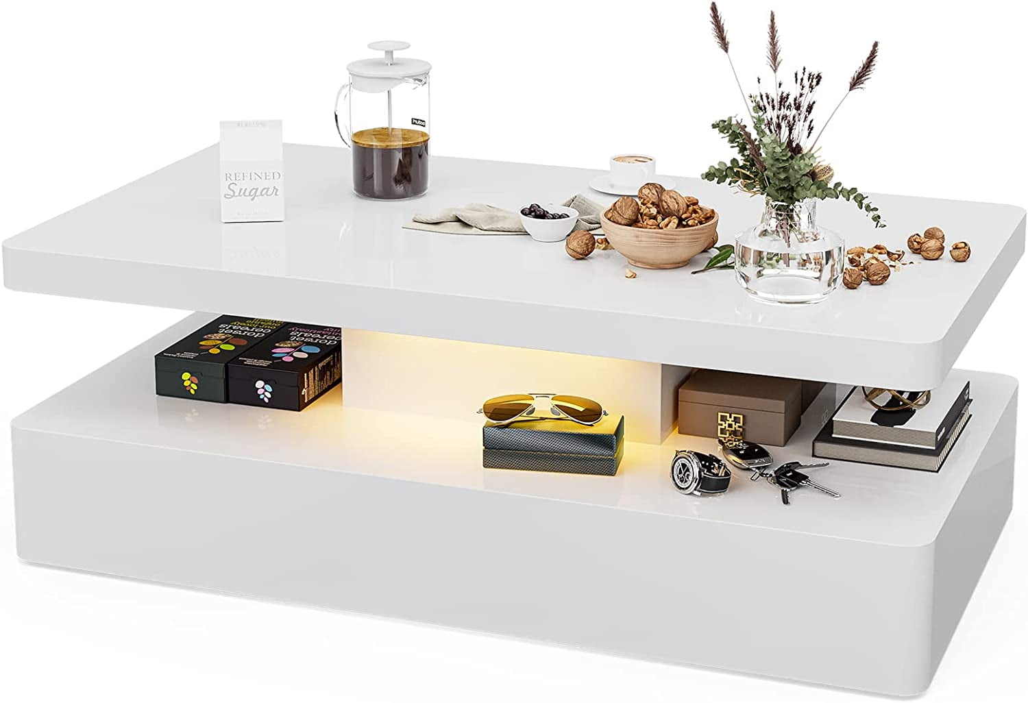Modern Glossy White Coffee Table with LED Lighting, Australia Ubuy