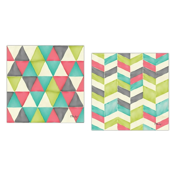 Pink, Lime Green. Grey and Teal Graphic Patterned Print Set; Two