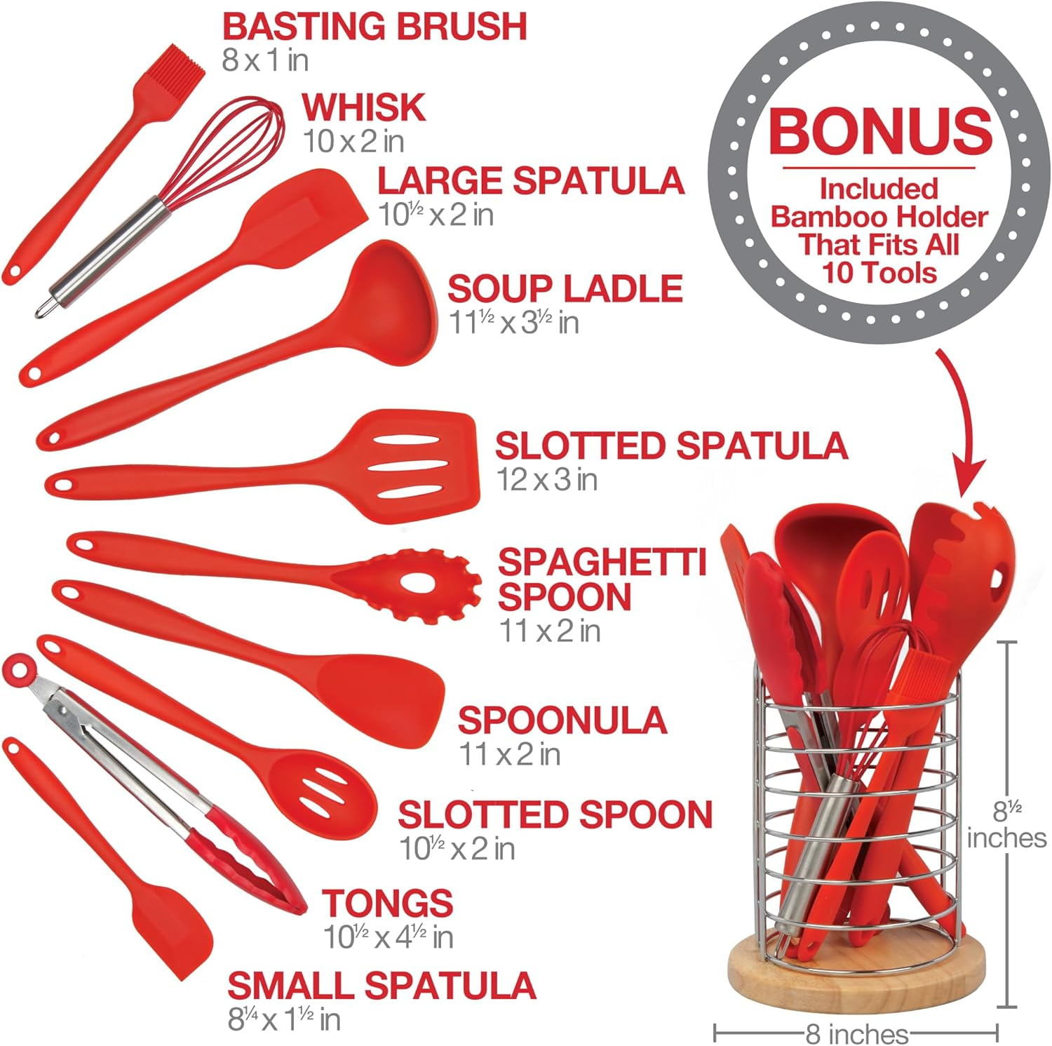Good Cooking Silicone Kitchen Cooking Utensils w Bamboo Holder- 10 Pc Gourmet Non-Stick, Heat Resistant, Premium Kitchen Tools Set- Spatula, Spoon, Slotted Spoon, Tongs, Basting Brush, Whisk, Ladle