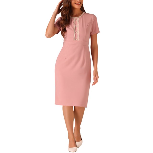 Vestido de mujer corto de manga corta Inspire Chic, vestido ajustado de tweed para el trabajo, vestido lápiz L rosa