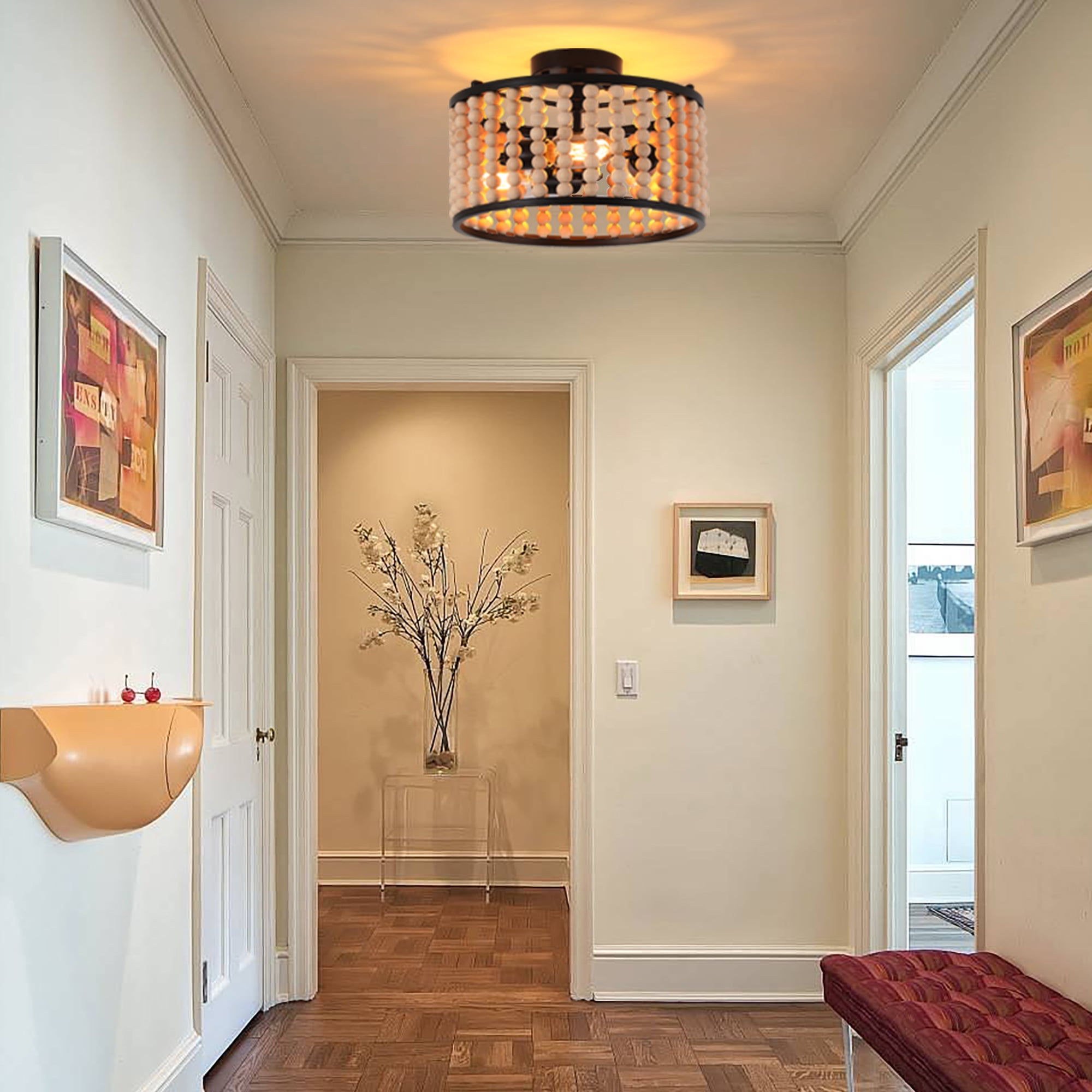GCGAFUL Bohemian Wood Beaded Flush Mount Ceiling Light. It is an Rustic 3 Light. The 13 Inch Mini Round Black Version Is Suitable For Girls' rooms, Bedrooms, Hallways, With E26 base.