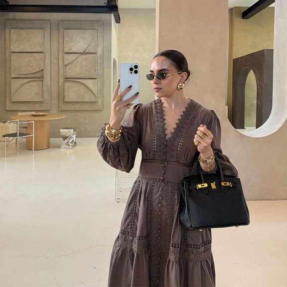 Boho Maxi Dress with Embroidery (S, Brown)