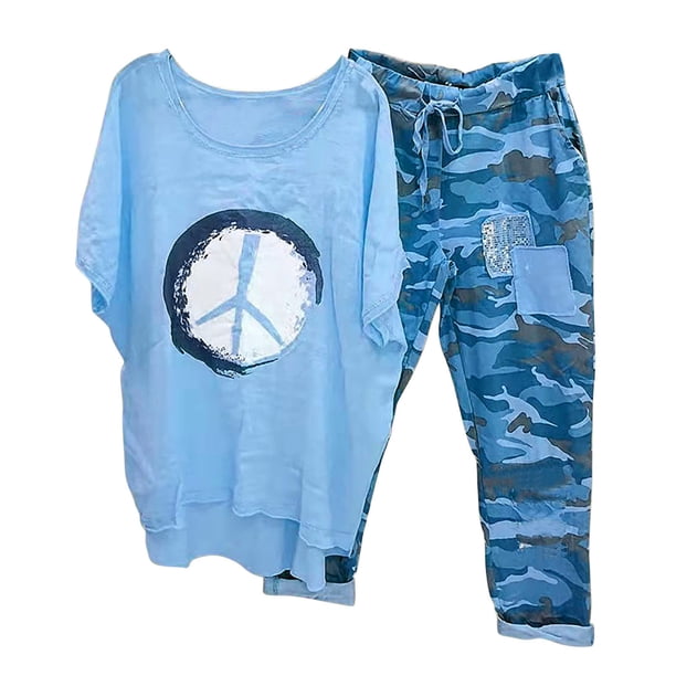 Conjunto de camiseta y pantalones con cuello redondo y media manga para mujer Wmkox8yi bvn1470