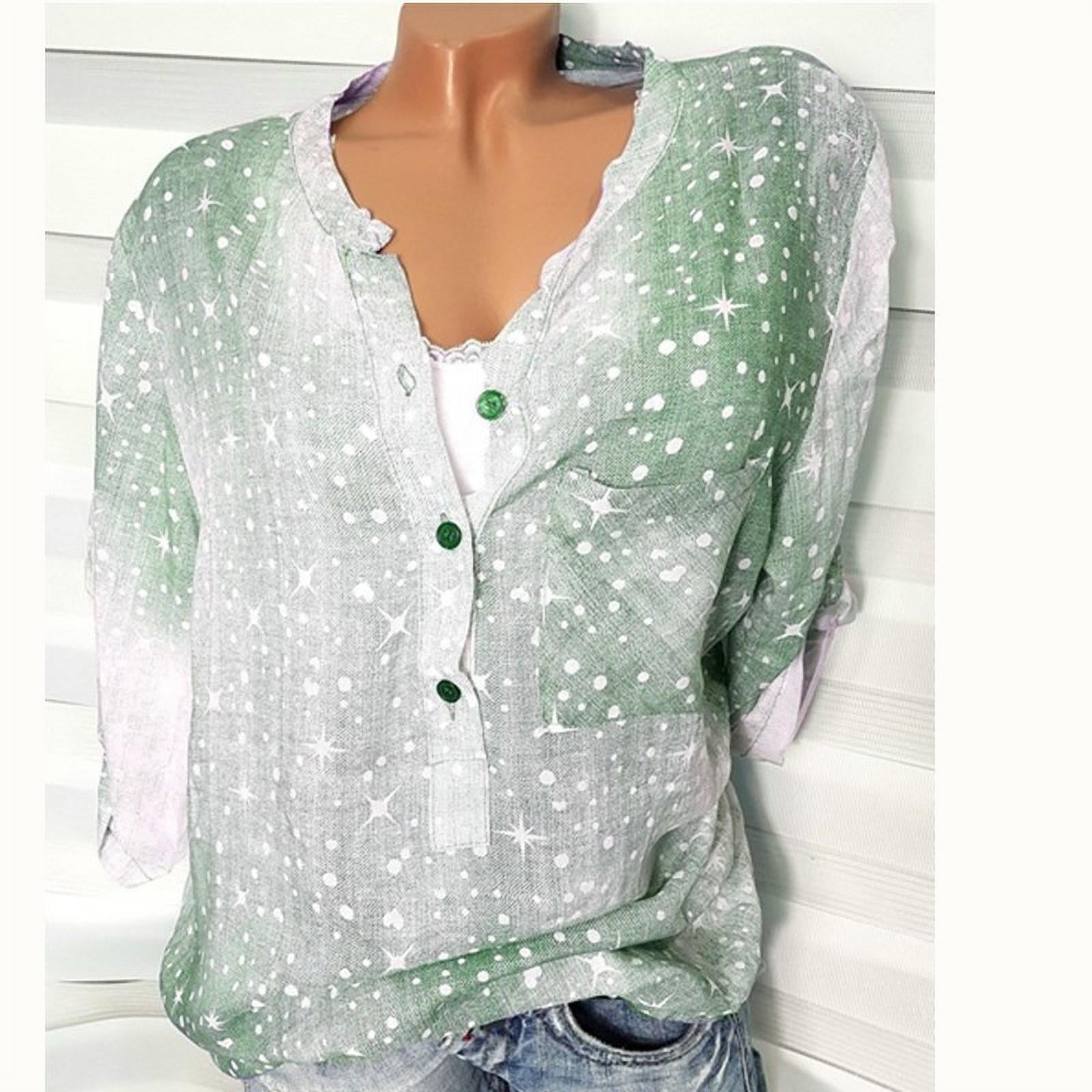 Women's Leisure Printed Pocket Color Stitching V-Neck Middle Sleeve Button Shirt