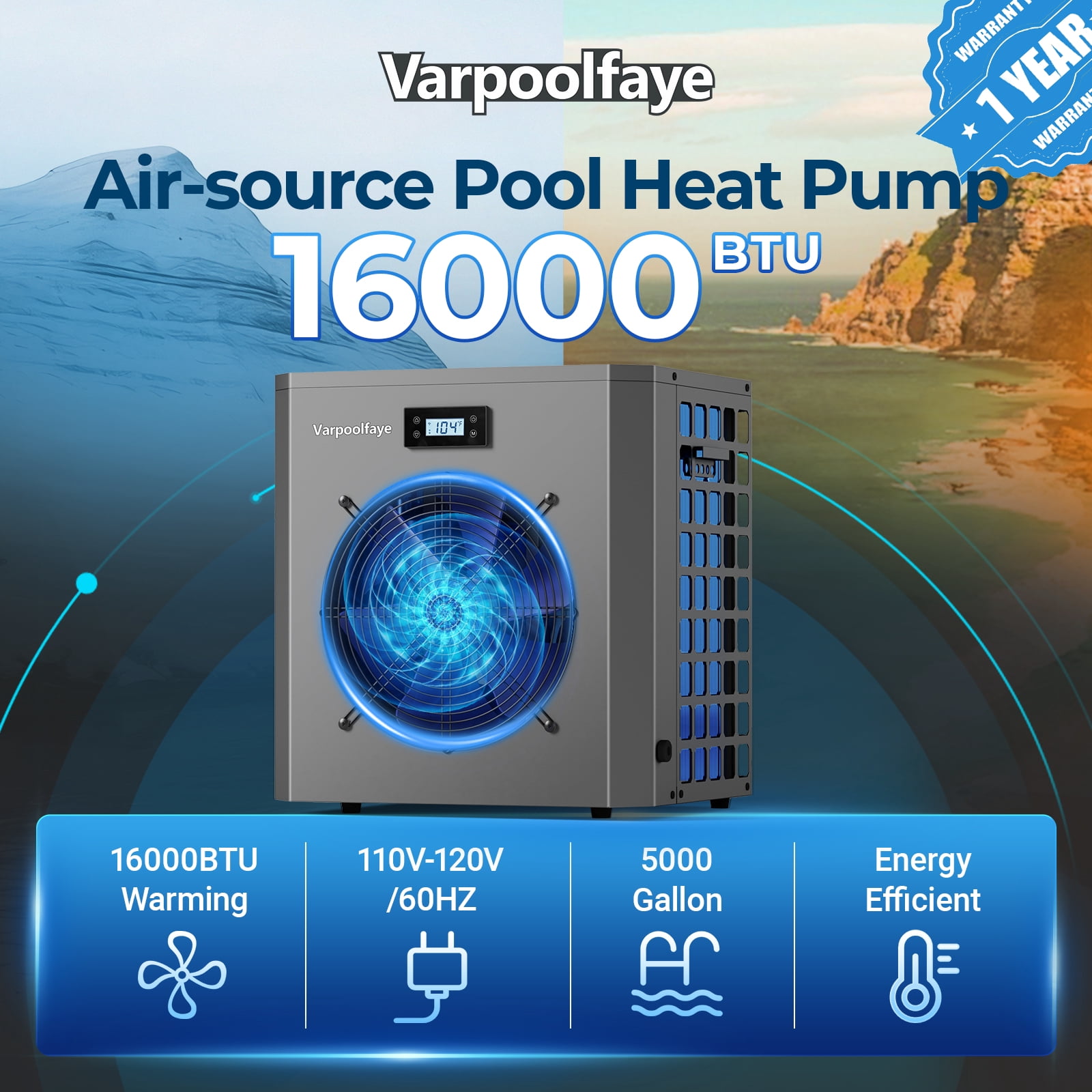 16000 BTU Electric Pool Heater for Above Ground Pool Swimming Pool Heat Pump 5000 Gallon Pool Heater 120V Heating Cooling WiFi Control 60Hz Spa