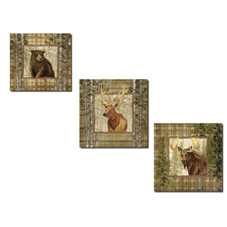 - Rustic Cabin Moose Bear and Buck; Lodge Decor; Three 12x12in Poster Print