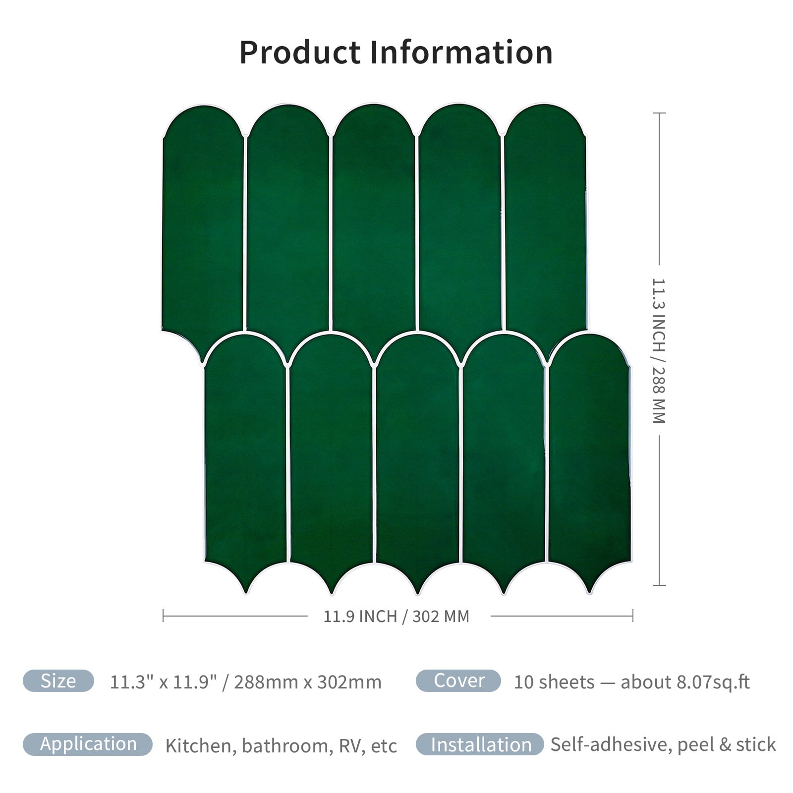 10-Sheet Peel and Stick Backsplash Tile, Self Adhesive Feather Backsplash Wall Tiles for Kitchen Bathroom (Thicker Design, Dark Green)