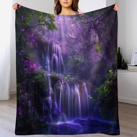 Enchanted Forest Throw Blanket Fantasy Nature Purple Forests Waterfall Pattern Soft Lightweight Warm Plush Blankets for Sofa Bedroom 60"x80"