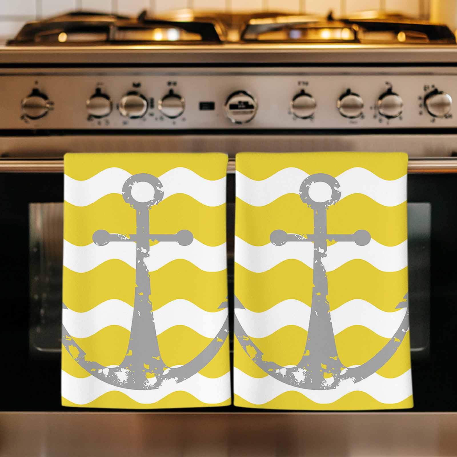 Dish Towels, Nautical Anchor Absorbent Kitchen Towels 2 PCS, Yellow and White Wave Stripes Microfiber Hand Towels Dish Cloths Tea Towels for Home&nbsp;Bathroom Cleaning Drying,18X28-Inch,
