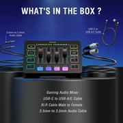 FIFINE SC3 Gaming Audio Mixer, 4 Channels Audio Interface with XLR/6.35mm/3.5mm Inputs, RGB Streaming Sound Card with Monitor, 48V Power, Mute Button SC3PLUS