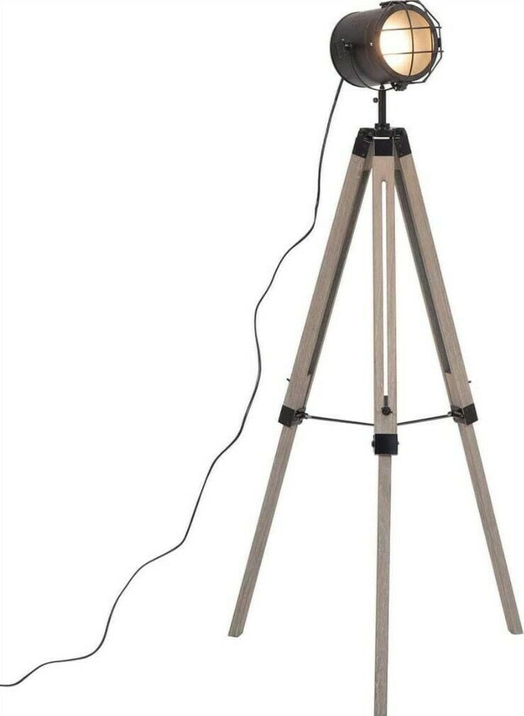 Antique Vintage Three Foldable Tripod Searchlight LED Floor Standing Lamp Marine Spotlight Wooden Stand