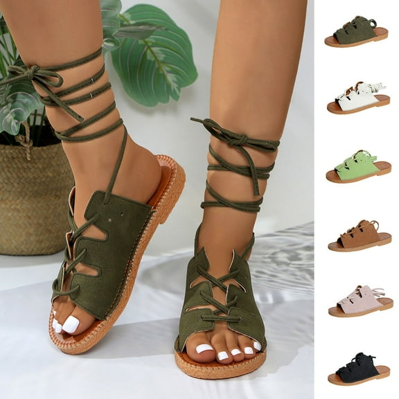 HAOTAGS Womens Casual Summer Sandals,Round Toe Comfortable Foot Strap Beach Toe-Strap Adjustable Sandals Army Green 6