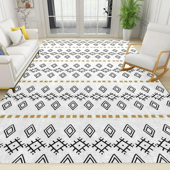 Modern Bohemian Black and White Print Area Rug 2'x3' Abstract Geometric Distressed Mid-Century Rugs Easy Clean with Non-Slip Backing Indoor Carpet for Living Room Bedroom Study Floor Mat