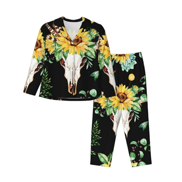 Balery Conjunto de Pijama con Estampado para Mujer, Conjunto de Dos Piezas con Manga Larga, Ropa de Dormir Suave con Bolsillos, Pijamas Cómodos-Large