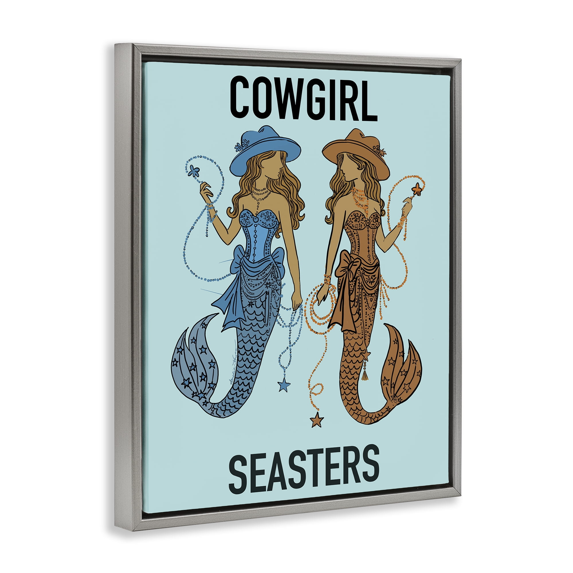 Cowgirl Seasters Mermaid Friendship Gray Framed Floater Canvas Wall Art, design by Amelia Noyes