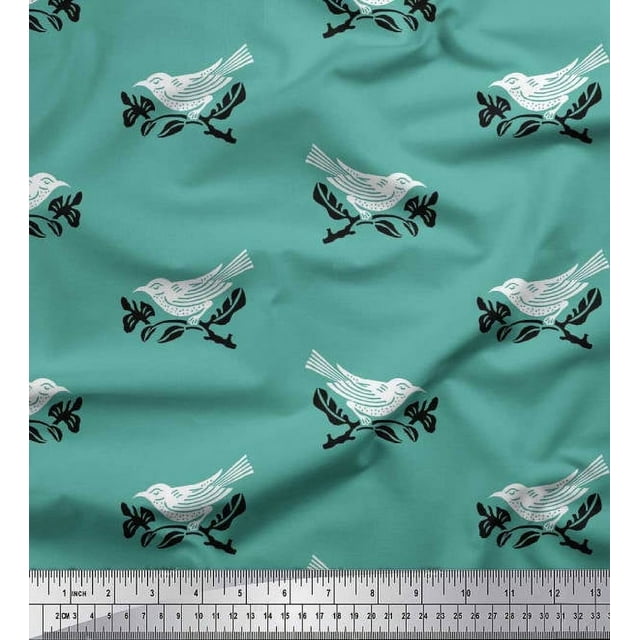 Soimoi Moss Georgette Fabric Branch & Bird Block Decor Fabric Printed Yard 42 Inch Wide