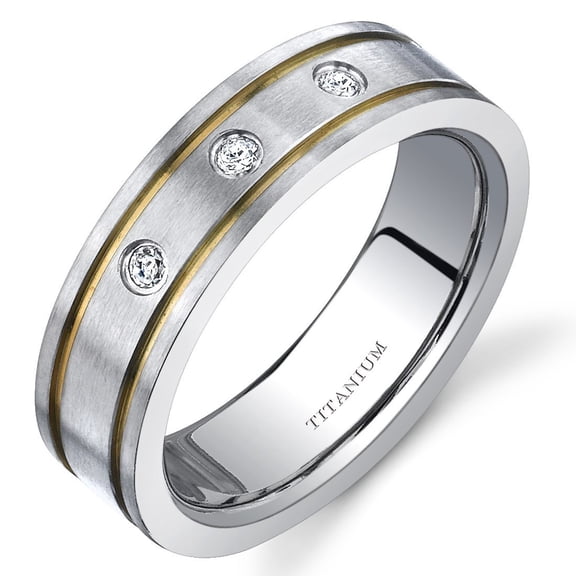 PEORA Designer 3-Stone Titanium Wedding Ring Band for Women, 6mm, Comfort Fit, Size 8