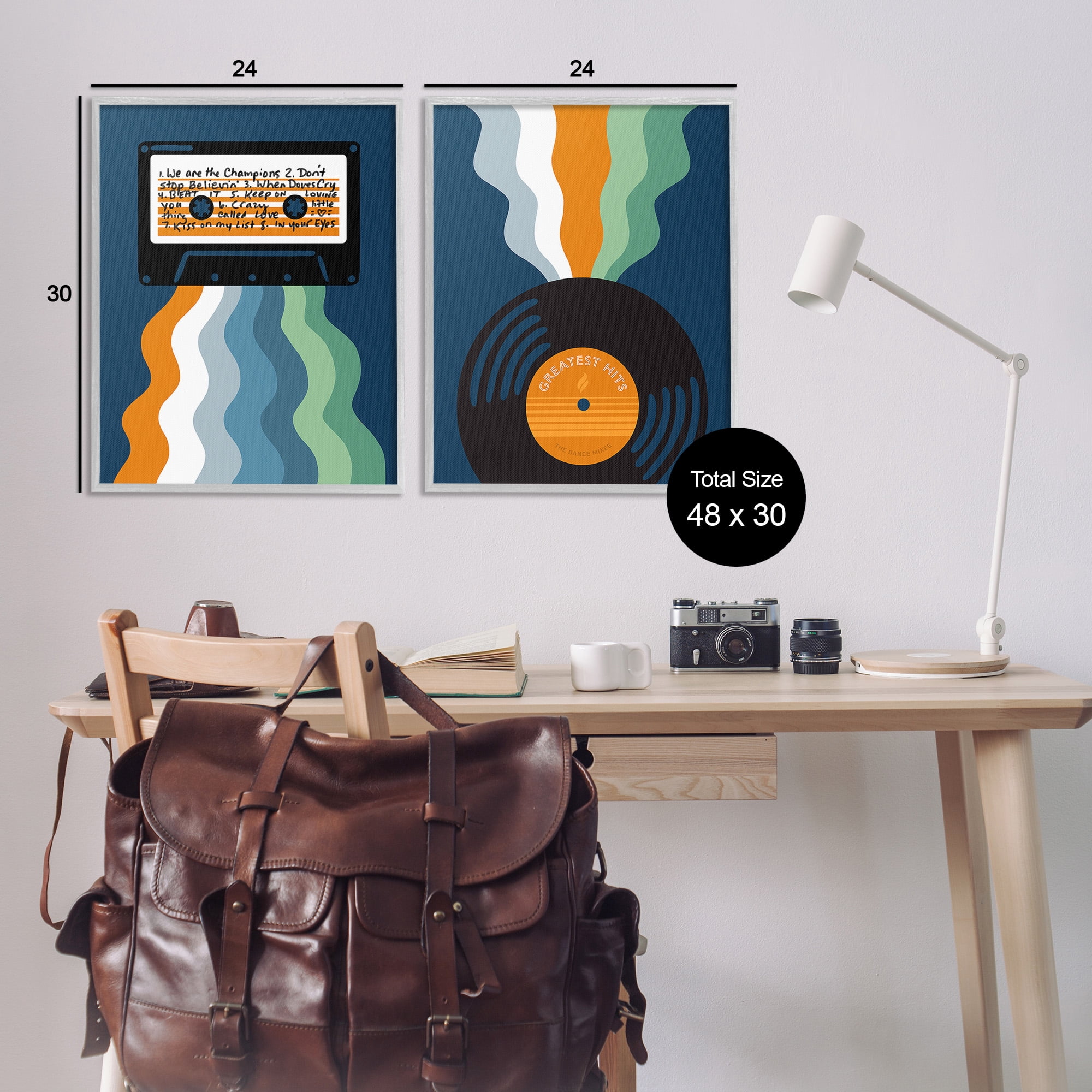 Stupell Industries Retro Music with Stripes Abstract Painting Gray Framed Art Print Wall Art, 24 x 30, Set of 2
