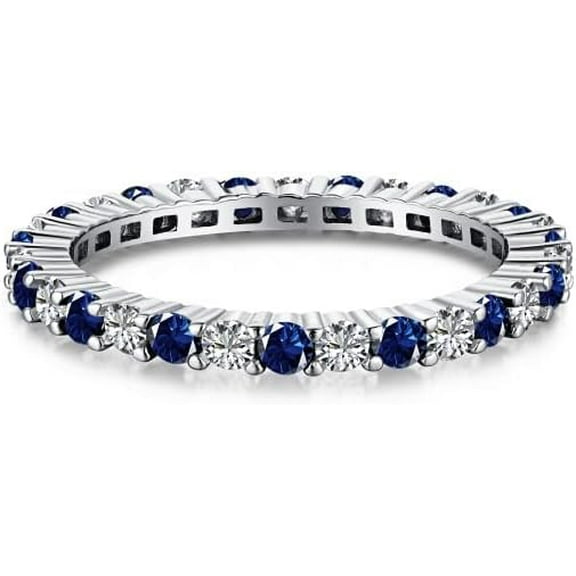 Divine Creation Women's 925 Sterling Silver 1.45 Ct Round Cut Blue Sapphire & Diamond Wedding Engagement Full Band Ring 14K White Gold Plated -4.5