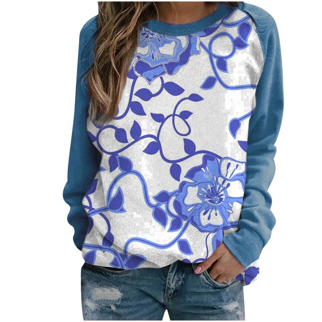 Yuyuzo Chandails en Molleton à Manches Longues Raglan Col Rond pour Femmes Doux Confortables Vintage Graphiques Décontractés Tunique Chandail Bleu A1