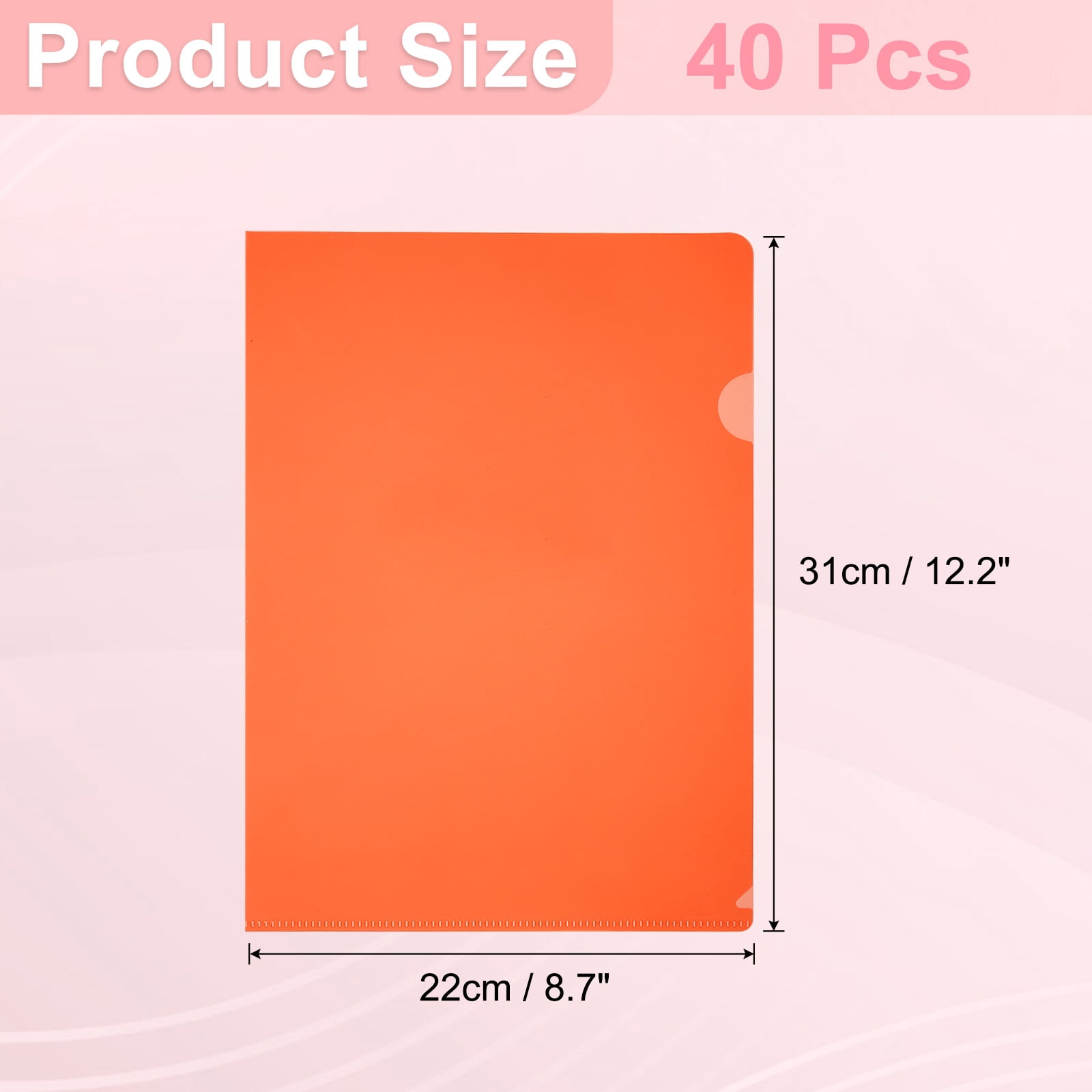 A4 Plastic Folders, 40 Pack Clear Folders L Type Project Pockets Paper Document Jacket Sleeves L Shaped Transparent for Documents Plastic Office File, 8.7x12.2in, Orange