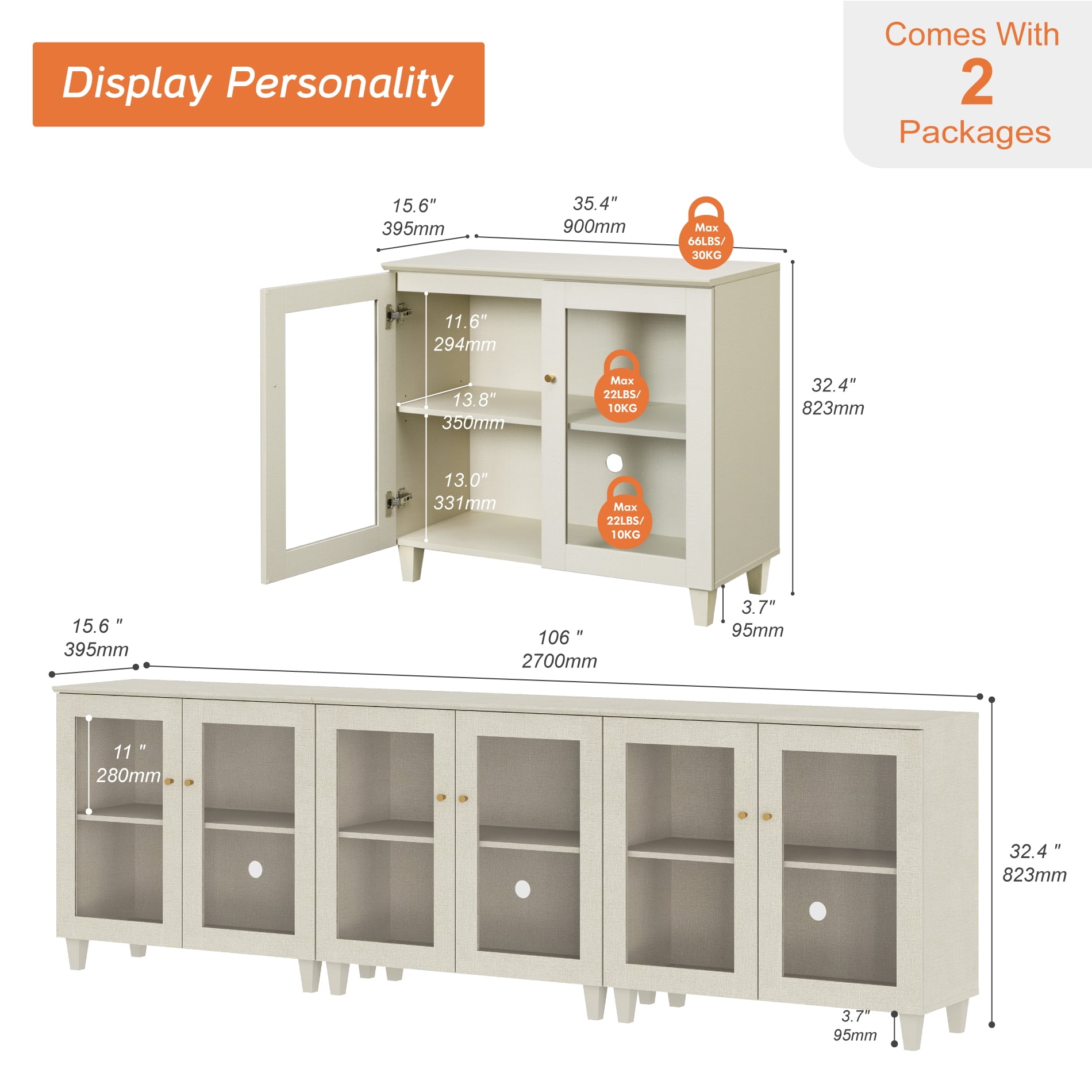 Set of 3 Buffet Cabinet Sideboard With Glass Doors, Adjustable Shelves and Cable Management For Kitchen Dining Room, 106" W, Beige Wood
