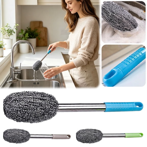 HonestMatter Metal Scrubber with Handle, Steel Wool Sponge for Cast Iron Pan, Long Handle Scouring Pad for Grill and Dish Cleaning