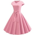 thumbnail image 3 of Pink Womens Dresses Vintage V Neck Short Sleeve Solid Color Casual Dress Cocktail Evening Dresses for Women 2024, 3 of 5